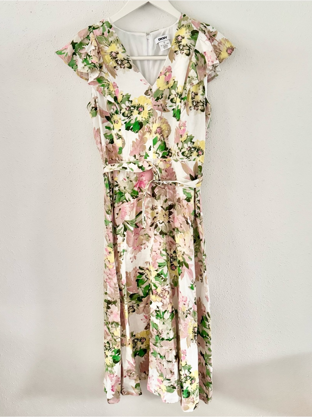 New DKNY Floral Linen Blend Belted Midi Dress White Pink Women's Size 4 Small S